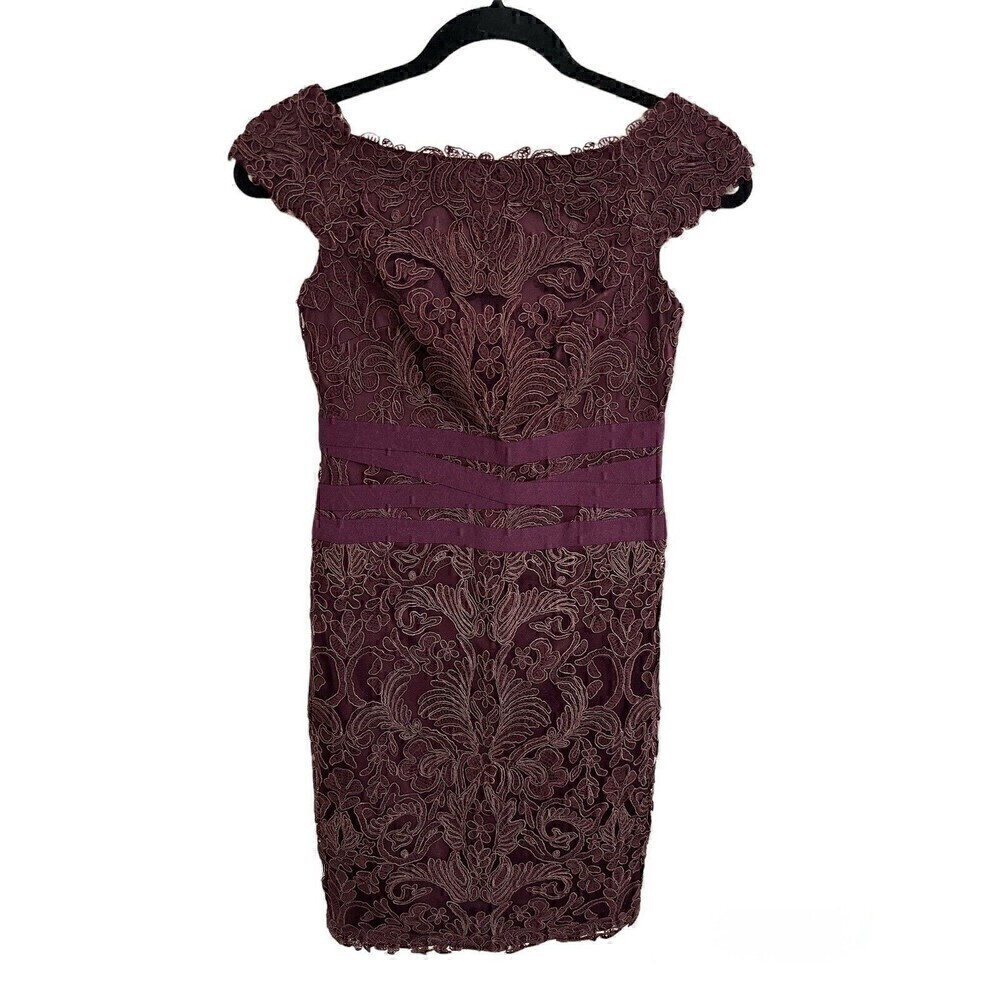 Tadashi Shoji Petite Dress Size 4P Womens Sheath Off Shoulder Lace Overlay Knee